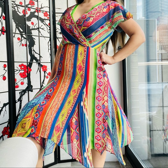 🚢Polo Ralph Lauren Multicolored Printed Silk Asymmetric Hem Detail Dress Tribal - Picture 13 of 17